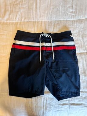 Abercrombie & Fitch Navy Swim Trunks with White and Red Stripe